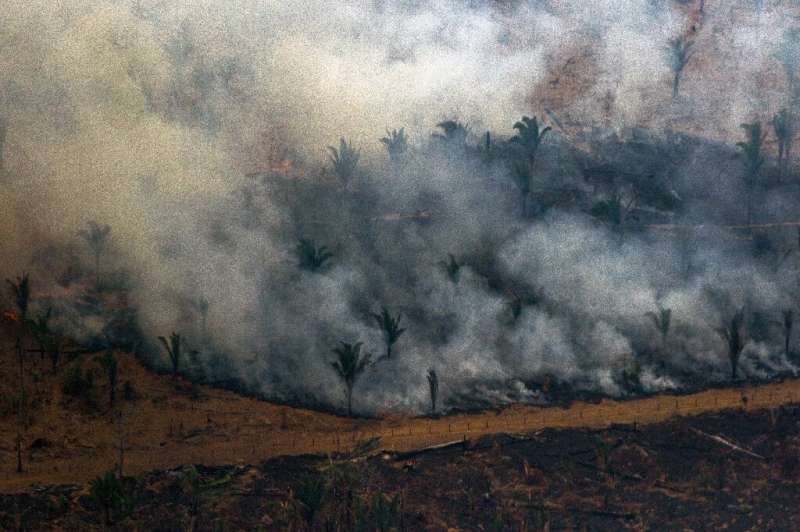 Aerial view showing smoke billowing from a patch of forest being cleared with fire in the surroundings of Boca do Acre, a city i