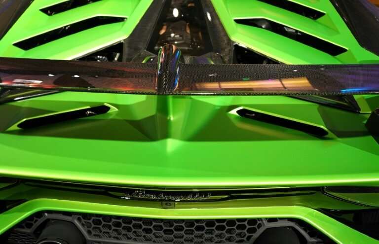A Lamborghini Aventadoron is on display