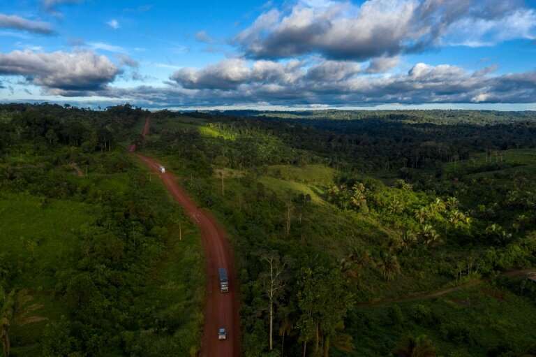 An aerial view of the Trans-Amazonian Highway, which cuts through the rainforest