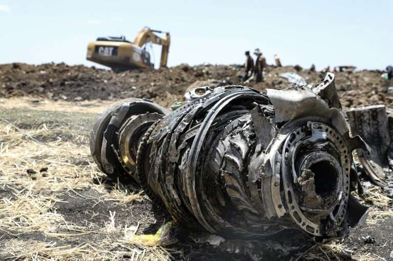 Debris of a Boeing 737 MAX 8 plane strewn over a crash site outside Addis Ababa