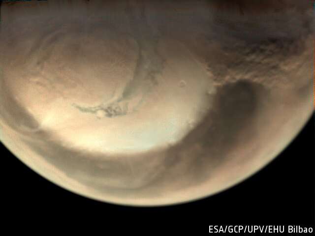 Dust storms swirl at the north pole of Mars