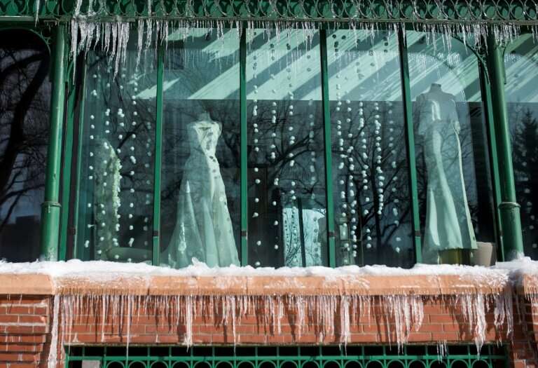 Icicles outside a bridal shop in Minneapolis, Minnesota