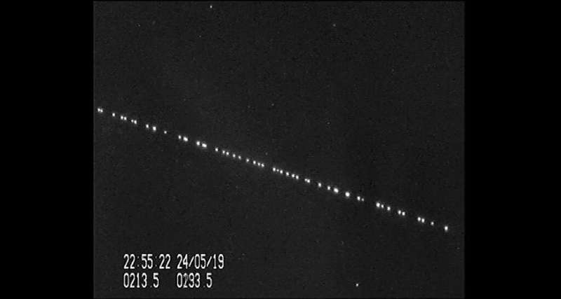 In this screengrab taken from a video shot by Marco Langbroek, a group of SpaceX Starlink satellites passes over the Netherlands