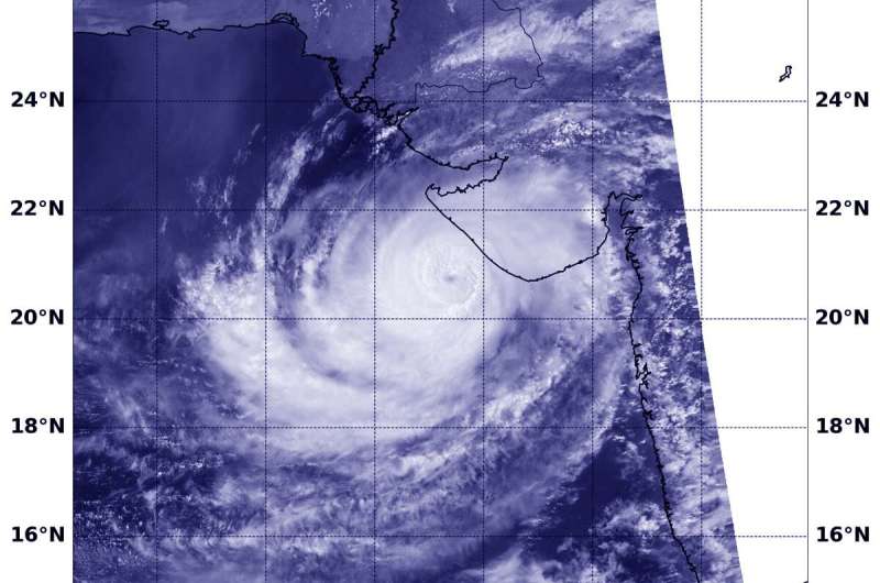 Satellite sees tropical cyclone Vayu centered off India coastline