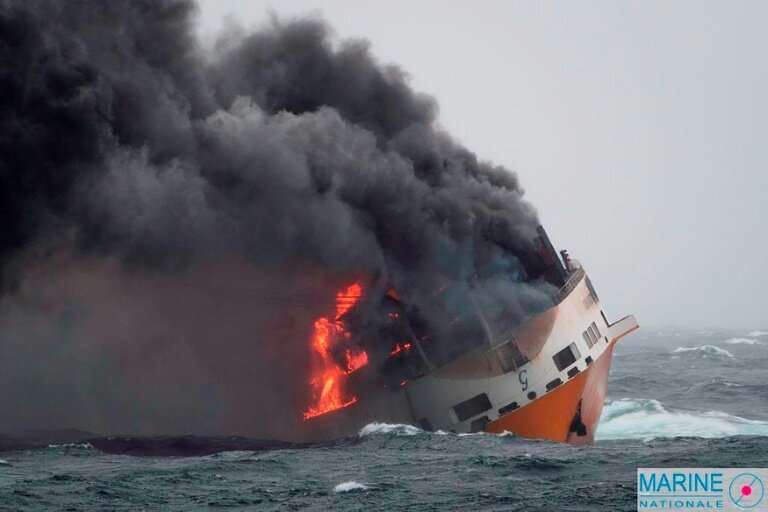 The Italian cargo ship 'Grande America' sank off the French Atlantic coast after a fire got out of control