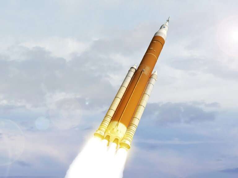 This file artist concept image from NASA shows the next generation of heavy-lift rocket, the Space Launch System—which is years 