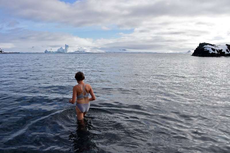 Tourists take a plunge in temperatures of three degrees C (37.4 F)