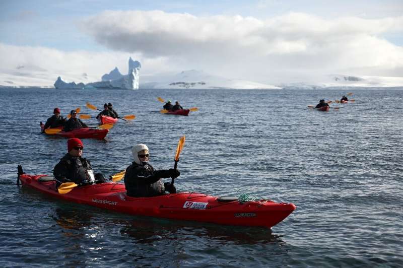 Tourists travel by kayak on Half Moon island, Antarctica