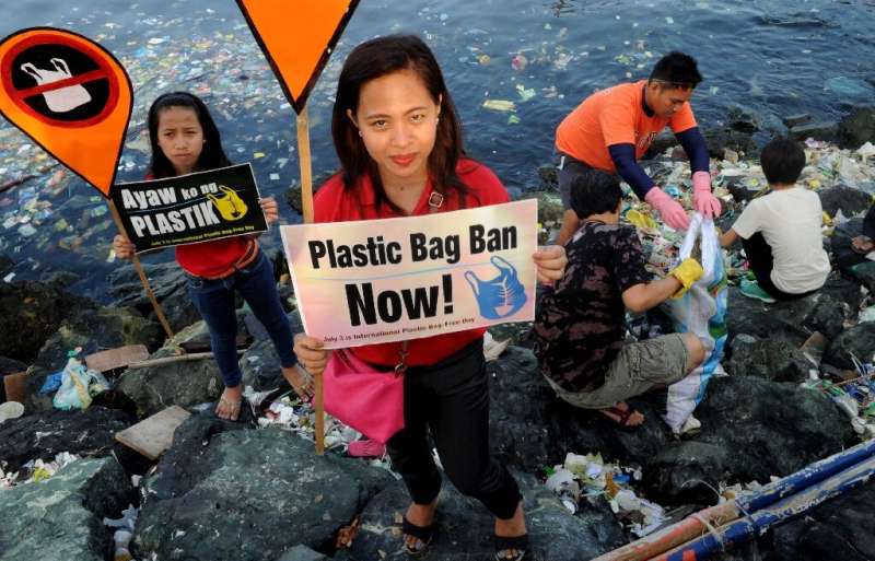 Environmental activists calling for a ban of the use of plastic bags in Manila