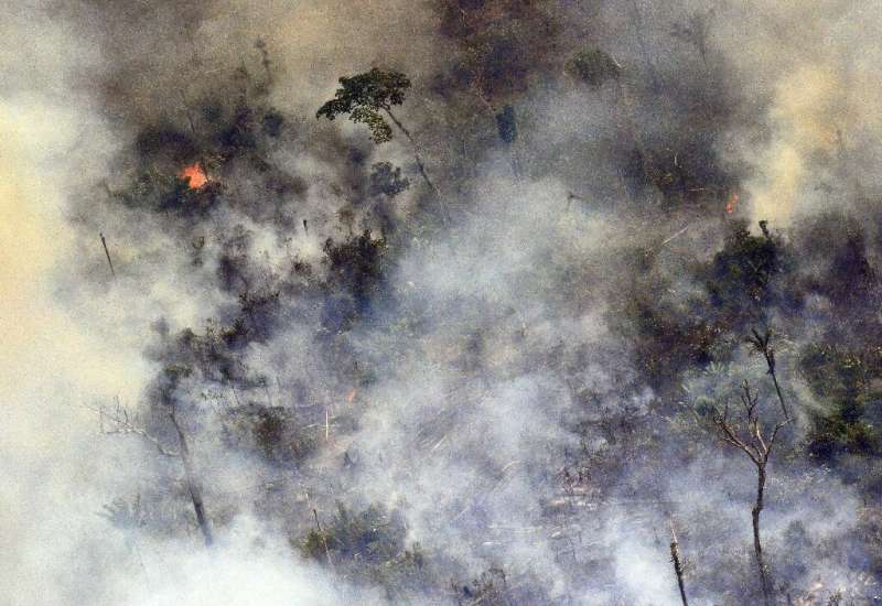 Aerial picture showing smoke from a two-kilometre-long stretch of fire billowing from the Amazon rainforest about 65 km from Por