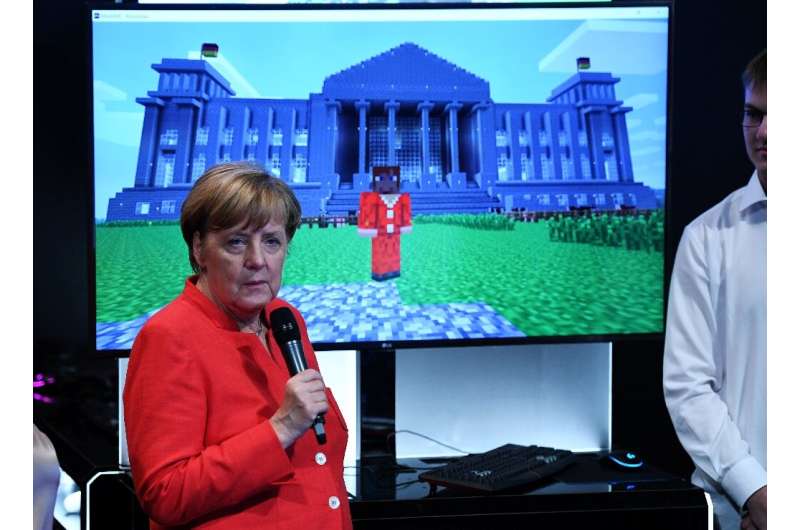 German Chancellor Angela Merkel at a Minecraft presentation in Cologne in August 2017