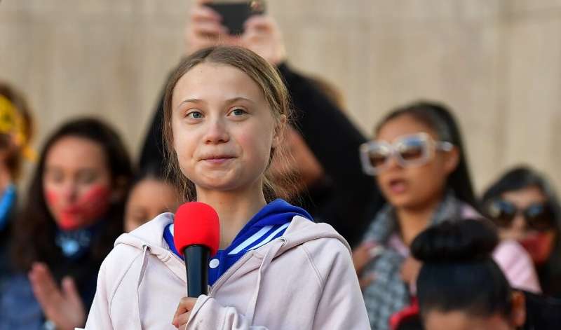 Greta Thunberg, shown here speaking in Denver, Colorado on October 11, 2019, has become the face of the fight against political 