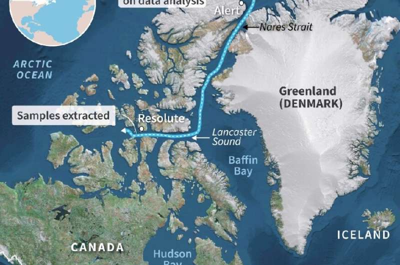 Map showing the likely path of a drifting Arctic sea ice block in which samples extracted by scientists showed microplastic cont