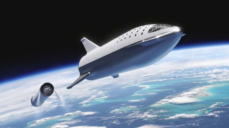 This artist's illustration courtesy of SpaceX shows the SpaceX BFR (Big Falcon Rocket) rocket passenger spacecraft which the com