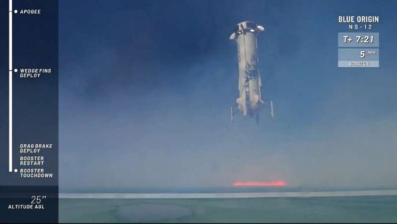 This still image taken from a Blue Origin video shows Blue Origin's sub-orbital New Shepard rocket landing in western Texas on D