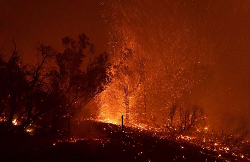 Wind blows embers as the Cave fire burns a hillside in Santa Barbara, California on November 26, 2019