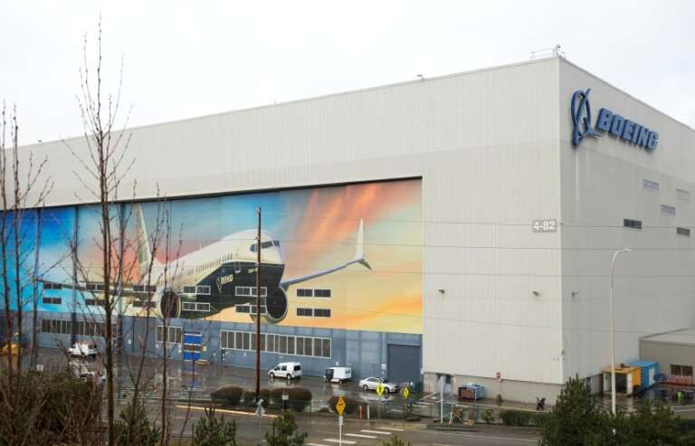 A Boeing 737 MAX 8 is pictured on the exterior of the Boeing Renton Factory in Renton, Washington, as the image of the manufactu