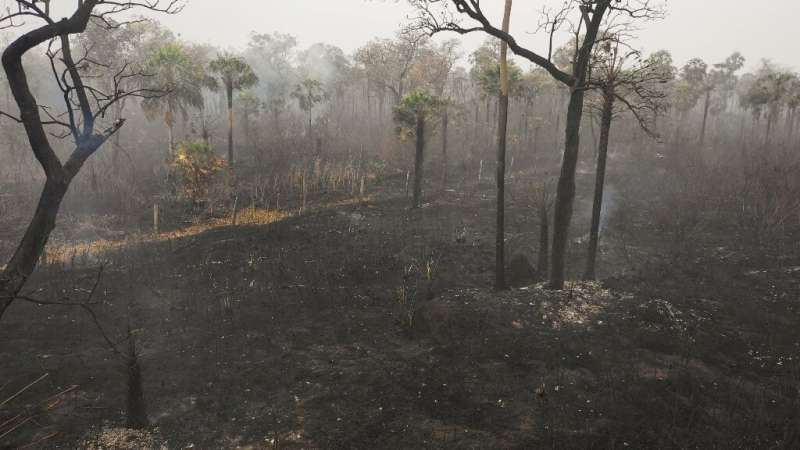 An aerial view of damage caused by wildfires in Otuquis National Park, in the Pantanal ecoregion of Bolivia, southeast of the Am