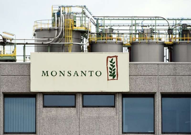 A picture taken on May 24, 2016 in Lillo near Antwerp shows the Monsanto logo on a building at the firm Manufacturing Site and O