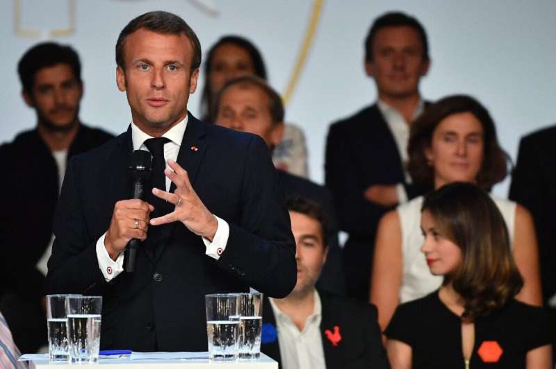 French President Emmanuel Macron addressing tech executives and venture capitalists at a dinner at the Elysee Palace in Paris on