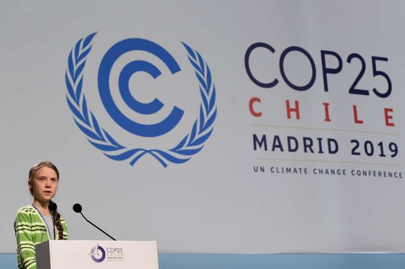 Swedish climate activist Greta Thunberg gives a speech during at the COP25 climate change conference in Madrid where some say th
