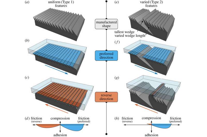**Microstructured material with spatial variation has friction in only one direction