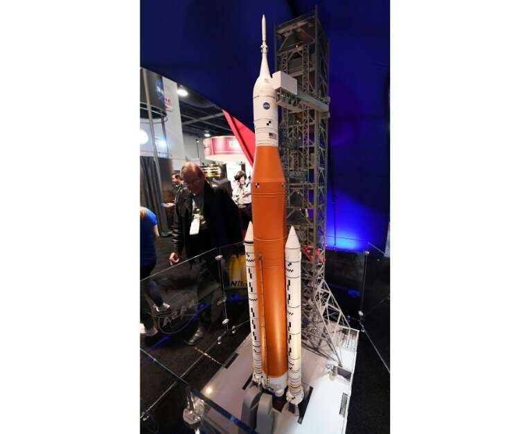 A 1:50 scale model of NASA's Space Launch System (SLS) is displayed at the agency's booth during the Consumer Electronics Show i