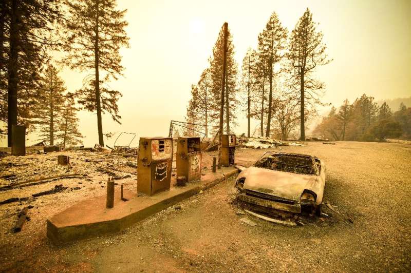 A burnt car and a gas station remain visible on November 11, 2018 after the &quot;Camp&quot; fire tore through the region near P