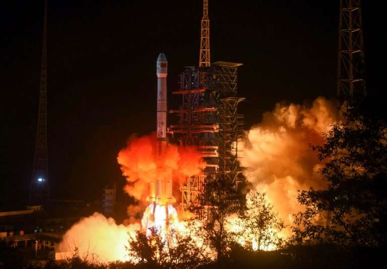 A Chinese Long March 3B rocket lifting off on December 8, 2018, carrying a rover that landed on the dark side of the Moon