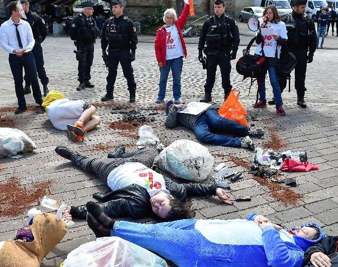 Activists from the 'Alter G7' group, some dressed as endangered animals, staged a 'die-in' as part of their protest