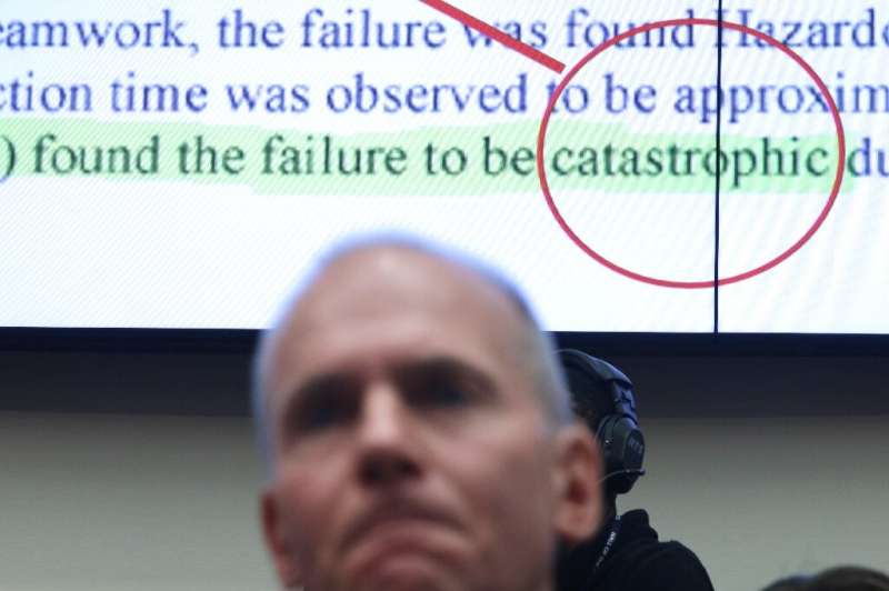 A document appears on an overhead display during Muilenburg's congressional testimony