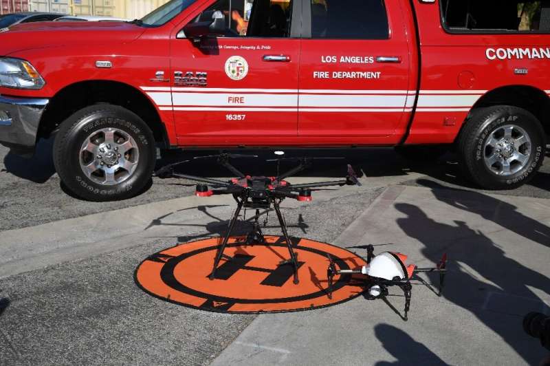 A drone landing pad and command vehicle at a demonstration by the Los Angeles Fire Department on September 23, 2019