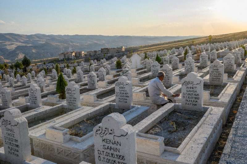 A man prays in the new Hasankeyf cemetery where bodies have been moved to from the old one on the banks of the Tigris