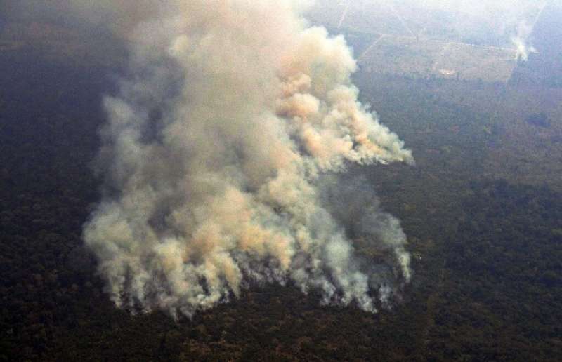 An aerial picture shows smoke from a two kilometre-long stretch of fire billowing from the Amazon rainforest about 65 kilometers