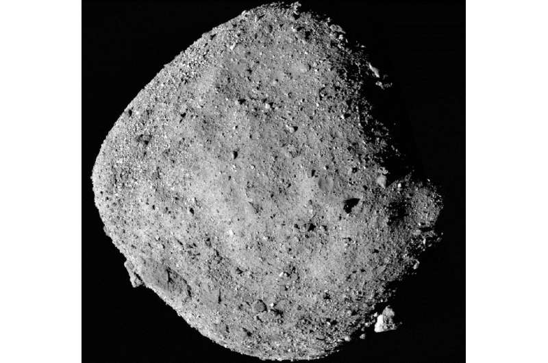 A Nasamosaic image of asteroid Bennu, composed of 12 PolyCam images