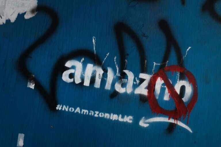 Anti-Amazon graffiti is seen in a Long Island City neighborhood initially selected for a new headquarters for the technology gia