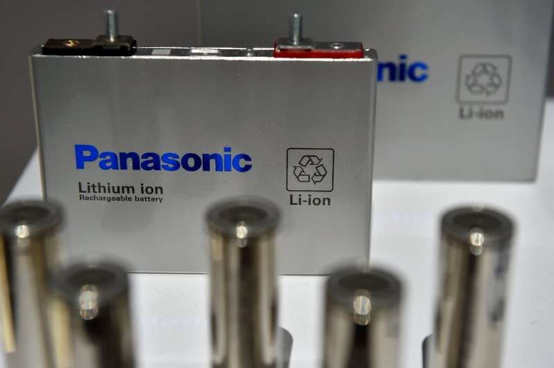 A Panasonic lithium-ion battery on  display at the CES consumer technology trade show in 2018. The Japanese firm is one of the w