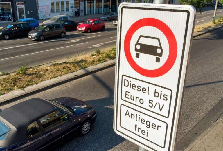 A road sign in Hamburg warns motorists that older diesel veichles are banned from using this stretch of the road in the northern