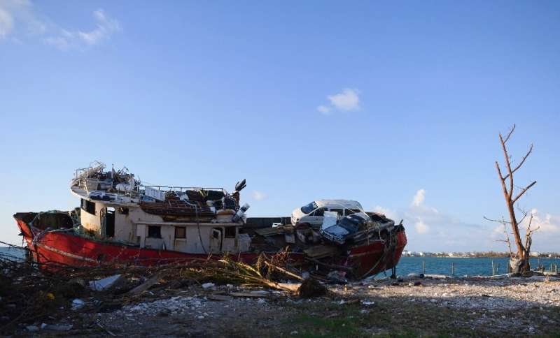 A ship that was pushed up near the road from a storm surge is seen in Marsh Harbour on the Abaco Islands in the Bahamas