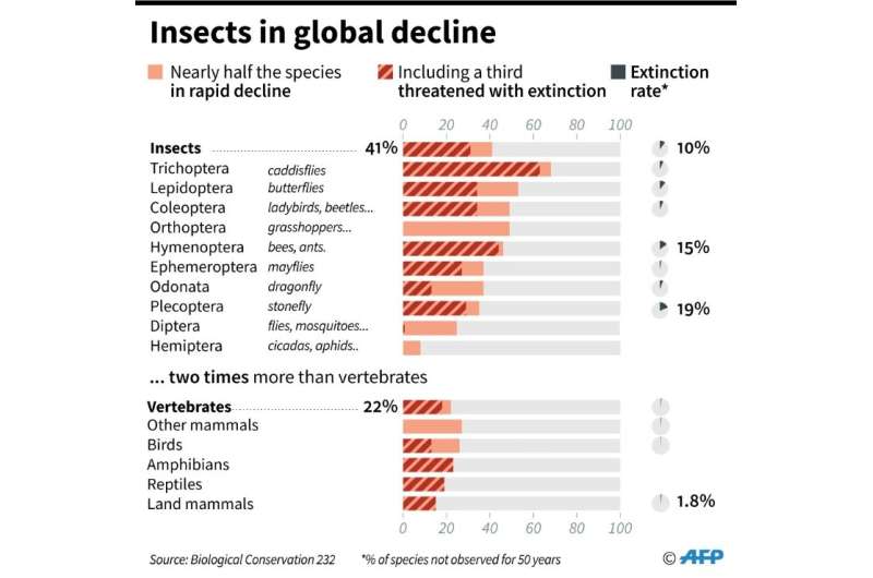 Charts showing declining and threatened insects and vertebrates, according to IUCN data