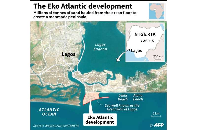 Close-up map of Lagos, Nigeria, locating the Eko Atlantic construction project on an artificial area of land on the coast