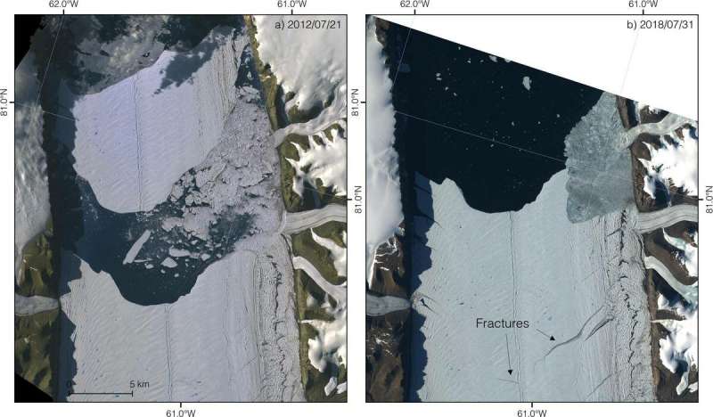 Cracks herald the calving of a large iceberg from Petermann Glacier