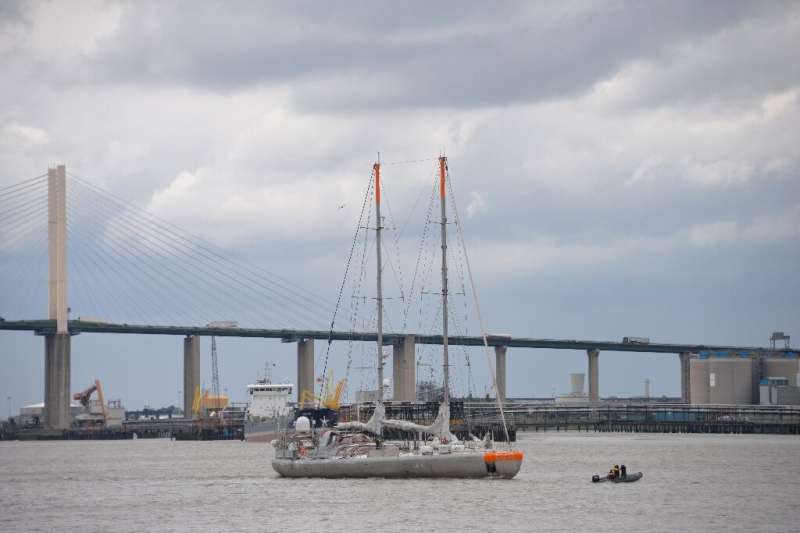 French research vessel Tara sails on the Thames river, leaving London and heading to Hamburg for the second leg of Tara's Microp