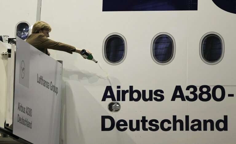 German Chancellor Angela Merkel christens an Airbus A380 aircraft in 2015