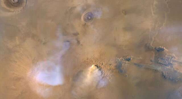 Global storms on Mars launch dust towers into the sky
