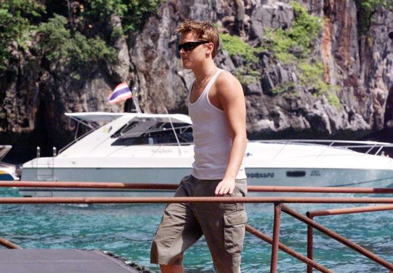 Hollywood movie star Leonardo DiCaprio makes his way to the set in Maya Bay for the first day of filming of &quot;The Beach&quot