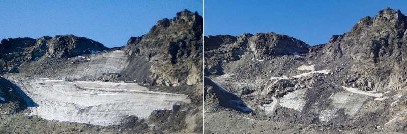 Images of the Pizol glacier taken in 2006 (L) and 2019 (R) show how much ice has been lost