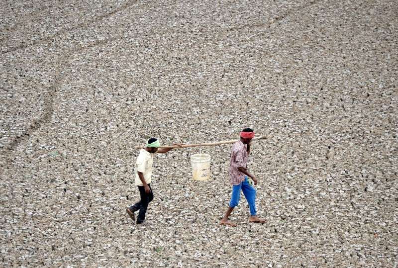 In this photo taken on June 20, 2019, Indian worker carry the last bit of water from a small pond in the dried-out Puzhal reserv