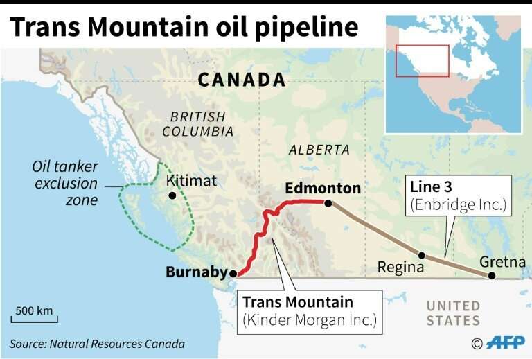 Map of Canada showing the controversial Trans Mountain oil pipeline