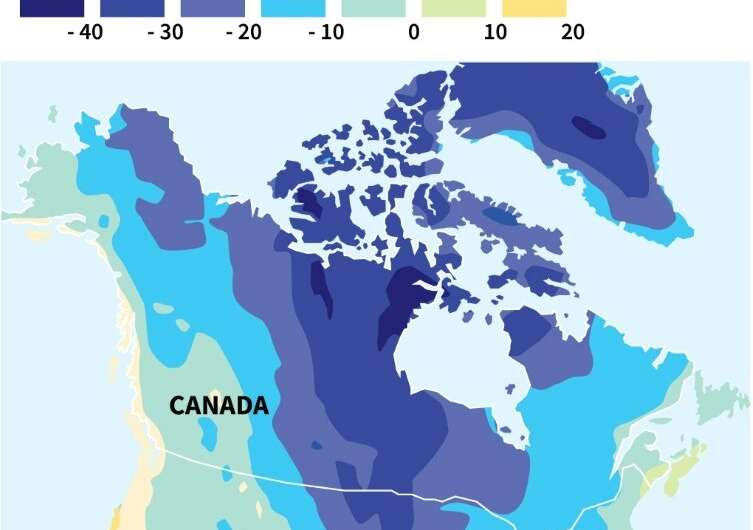 Map of North America showing the temperature forecast for Wednesday, January 29, 2019—when an artic chill will descend on a larg